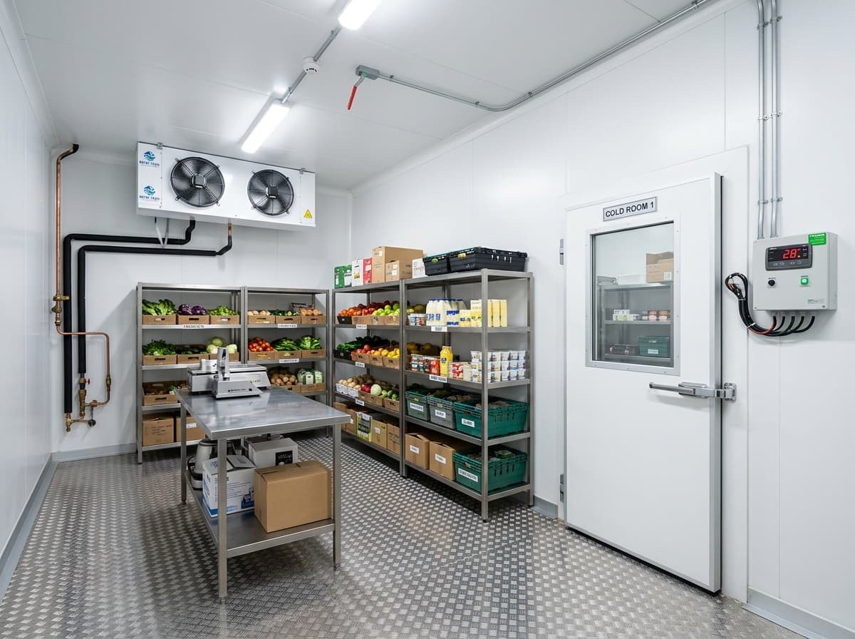 Walk-in chiller room with stainless steel work table, storage racks, and dual evaporator cooling units