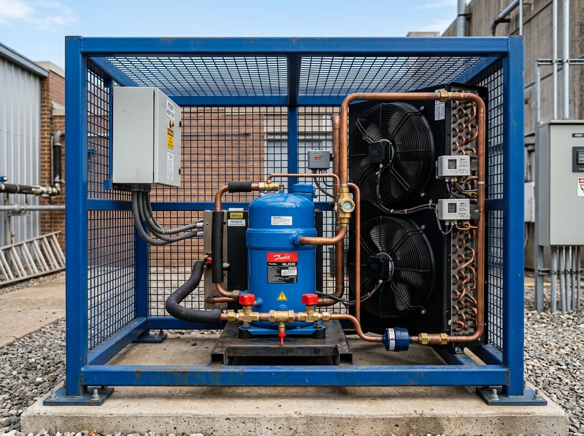 Outdoor commercial refrigeration condensing unit in royal blue protective steel cage with Danfoss compressor