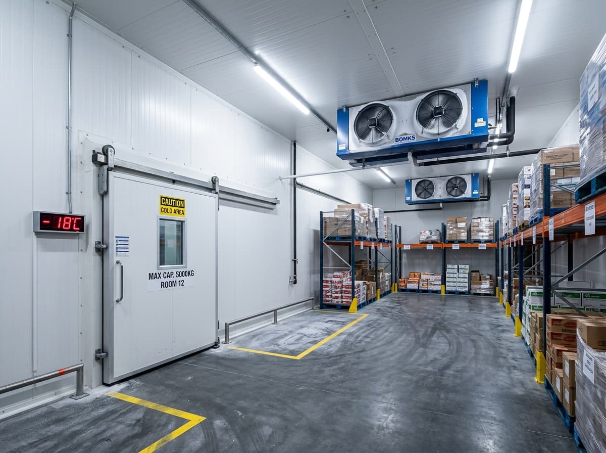 Industrial deep freezer storage room with -18C temperature display and heavy duty insulated sliding door