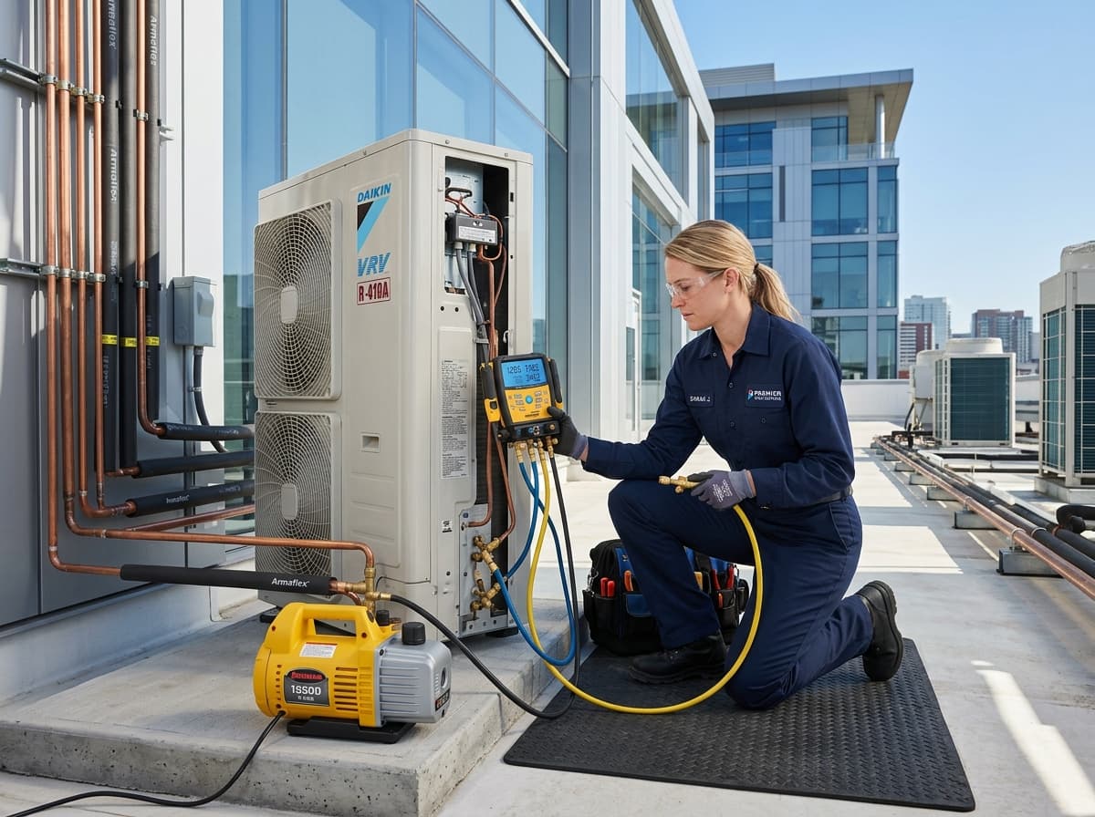 Certified HVAC refrigeration technician servicing commercial air conditioning inverter unit with digital manifold gauge